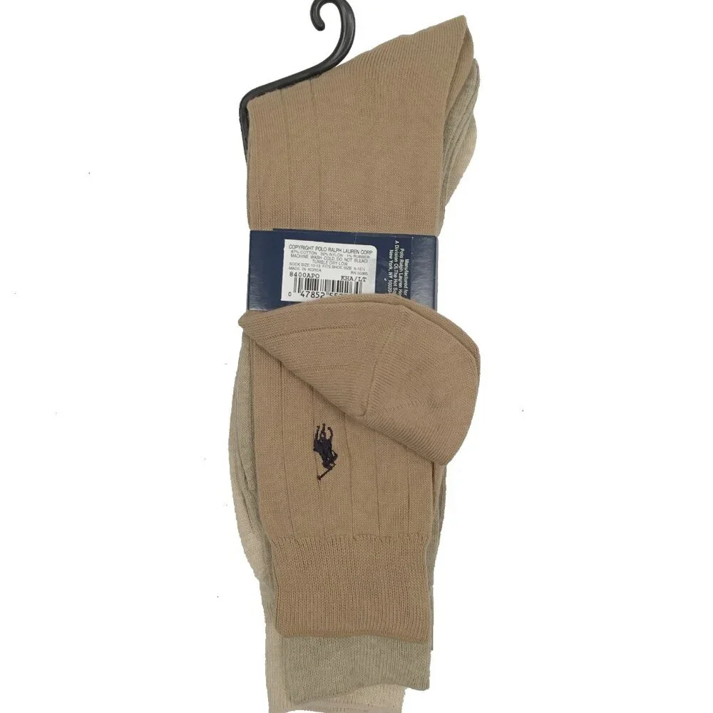 New Polo Ralph Lauren 3 Pair Set of Dress Socks!  Tan  Taupe  Ribbed  USA Made